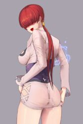 1girls 2019 blush color cum_on_clothes cum_on_lower_body female female_only hair_over_eyes happening18 high_resolution highres king_of_fighters looking_at_viewer low_ponytail ponytail shermie_(kof) snk tied_hair tight_clothing