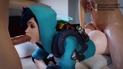 1girls 2boys 3d alternate_costume animated bed black_hair blender blowjob double_penetration gloves graffiti_tracer hood hoodie lewy male no_sound overwatch penetration penis prone_bone spitroast straight tagme threesome tracer video white_skin