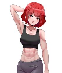 abs armpits breasts female highres horikawa_raiko medium_breasts midriff muscular muscular_female open_mouth praeto raiko_horikawa red_hair short_hair simple_background sports_bra sportswear touhou