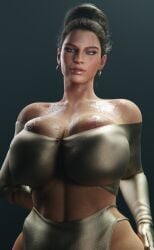 3d big_breasts busty capcom cleavage dark_hair doublejeckylll dress earrings excella_gionne expensive hair_bun huge_breasts huge_cleavage jeckylll large_breasts massive_breasts necklace resident_evil resident_evil_5 thick thick_thighs top_heavy wide_hips