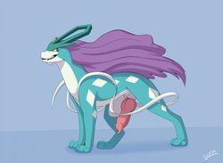 canid canine erection feral fur hair legendary_pokemon looking_at_viewer luca male male_only mammal nintendo nude penis pokémon_(species) pokemon pokemon_(species) presenting purple_hair simple_background smile solo suicune video_games