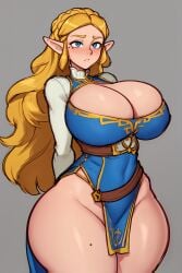 1girls ai_generated arms_behind_back beauty_mark big_breasts blonde_hair blue_eyes blush blushing breasts breath_of_the_wild charlie_hustle cleavage clothed clothing cowboy_shot dress eyebrows female female_only freckles front_view grey_background hourglass_figure huge_breasts humanoid_pointy_ears large_breasts light-skinned_female light_skin long_hair long_sleeves looking_at_viewer mole mole_on_thigh mole_under_eye nintendo no_panties pointy_ears princess_zelda simple_background solo the_legend_of_zelda thick_thighs wide_hips zelda_(breath_of_the_wild)