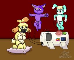 alternate_version_available animal_crossing bob_(animal_crossing) bondage chibi cum_machine dick feeding_tube gamsobart_(artist) isabelle_(animal_crossing) machine nintendo nipples pillow sasha_(animal_crossing) small_breasts tube