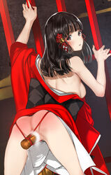 absurdres against_fence anus ass back bangs bell bent_over black_hair blush breasts censored commentary_request dildo eyebrows_behind_hair female fence from_behind hair_bell hair_ornament highres japanese_clothes kimono looking_at_viewer looking_back medium_breasts medium_hair no_panties object_insertion off_shoulder oiran original pussy pussy_juice red_eyes red_rope rope sash solo spanked tsukino_wagamo vaginal_object_insertion vaginal_penetration wide_sleeves yuujo