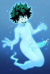 1boy ai_generated blue_body blue_penis blue_skin blue_tongue cum cumming erection freckles ghost ghost_boy ghost_tail glow glowing green_eyes green_hair handsfree_ejaculation happy izuku_midoriya legless male male_focus male_only my_hero_academia navel nipples novelai nude nudity penis smile solo solo_male spirit tail testicles tongue translucent translucent_body translucent_penis undead