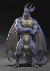 2024 animal_genitalia anthro balls bat biped blue_body claws countershade_torso countershading digital_media_(artwork) digitigrade full-length_portrait fully_sheathed gargoyle genitals green_eyes hi_res honovy horn male mammal membrane_(anatomy) membranous_wings muscular muscular_anthro muscular_male nude_anthro nude_male pink_nose portrait sheath solo standing tan_body toe_claws wings