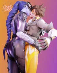 2girls 3d blender female femdom full_color fully_clothed hand_on_butt kissing lena_oxton no_penetration overwatch overwatch_2 projectsubby surprised tongue tongue_kiss tracer video_games widowmaker yuri