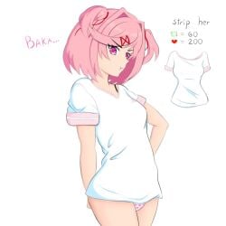 1female 1girls doki_doki_literature_club english_text hair_intakes heart_icon heart_print heart_print_panties natsuki_(doki_doki_literature_club) panties panty_peek pink_eyes pink_hair pink_panties pink_text print_panties retweet_icon shirt shirt_and_panties strip_game text thefishart