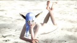 3d beach beach_background blue_hair feet feet_up female female_only golden_sun golden_sun_dark_dawn green_eyes laying laying_on_ground laying_on_stomach legs long_ears looking_at_viewer naked naked_female nude nude_female riaykuras_playground self_upload solo sveta sveta_(golden_sun) white_nail_polish white_nails