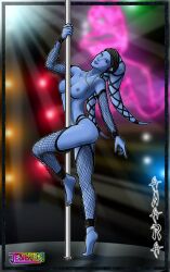 barefoot blue_skin dancer dancer_outfit dancing detached_sleeves femsub fishnet_armwear fishnet_legwear green_eyes harem_girl harem_outfit headwear jesterdk large_breasts necklace original_character star_wars stripper stripper_pole submissive_female twi'lek