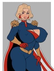 1female 1girls bimbo blonde_hair blue_eyes boob_window cape cleavage costume epaulettes female female_homelander female_only genderswap genderswap_(mtf) gloves homelander huge_breasts lasgaclaven light-skinned_female light_skin mommy_homelander nipple_bulge red_gloves rule_63 simple_shading sole_female solo solo_female superhero_costume superheroine tagme tagme_(artist) the_boys thick_lips tight_clothing