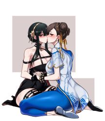 2girls absurdres ass assassin back big_breasts black_footwear black_hair bracelet breasts brown_eyes brown_hair china_dress chinese_clothes chun-li commission crossover dogs_(dlrkdejr26) double_bun dress earrings female female_human female_only fit_female gold_earrings gold_hairband hair_bun hair_ribbon hairband high_heels highres human imminent_kiss interlocked_fingers jewelry kissing korean_commentary large_breasts light-skinned_female long_hair looking_at_viewer mature_female multiple_girls pale-skinned_female pantyhose pelvic_curtain puffy_short_sleeves puffy_sleeves red_eyes ribbon road short_sleeves side_slit sidelocks sitting slim_waist spy_x_family street_fighter street_fighter_6 studded_bracelet thick_thighs thighs thorn_princess two-sided_dress two-sided_fabric unitard wariza wide_hips yellow_ribbon yor_briar yor_forger yuri