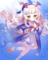 bag dragon_horns dress female full_body green_eyes hair_ornament hat highres horns light_brown_hair mail multicolored_eyes ocean original postbox_(outgoing_mail) saijo1201 sailor_collar sailor_dress sailor_hat shoulder_bag star_(symbol) star_hair_ornament underwear