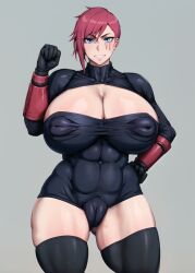 1girls abs ai_generated bodysuit cameltoe cleavage_cutout clenched_hand contrapposto covered_navel covered_nipples cowboy_shot curvy grey_background hand_on_hip hand_up huge_breasts kunaboto_(style) league_of_legends looking_at_viewer simple_background skin_tight solo stable_diffusion standing style_parody thighhighs venus_body vi wristwear