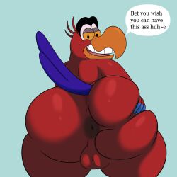 2024 absurd_res aladdin anthro anus ara_(genus) ass avian balls beak bedroom_eyes bent_over big_butt bird black_eyes blue_background blue_body blue_feathers blue_tail butt_grab colossalstars digital_media_(artwork) disney disney's_aladdin english_text feathered_tail feathers genitals half-closed_eyes hand_on_butt hi_res iago_(disney) looking_at_viewer looking_back macaw male male_focus male_only narrowed_eyes neotropical_parrot orange_beak orange_sclera parrot presenting presenting_anus presenting_hindquarters red_body red_feathers scarlet_macaw seductive simple_background solo speech_bubble tail teeth text thick_thighs tongue true_parrot