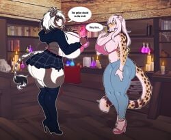 anthro bimbo bimbofication boots bovid bovine cow_girl fur furry high_heel_boots high_heels hoodie huge_breasts huge_nipples kiwipotato potion potion_bottle skirt tail thigh_boots thighhighs