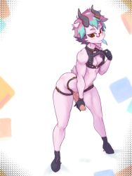 athletic athletic_male boner caprine caprine_humanoid choker edit erection femboy girly glasses greek_mythology horns male_only noname_(nowhere) pink_hair satyr solo solo_male trap