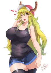 aori_sora bare_shoulders baseball_cap black_thighhighs breasts cleavage commentary denim denim_shorts female green_hair hat heart highres horns horns_through_headwear huge_breasts kobayashi-san_chi_no_maidragon long_hair looking_at_viewer lucoa miss_kobayashi's_dragon_maid one_eye_closed quetzalcoatl_(dragon_maid) short_shorts shorts signature simple_background solo tank_top thigh_gap thighhighs tongue white_background yellow_eyes