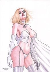 2024 ass big_butt blonde_hair blue_eyes breasts cape choker cleavage dat_ass eduardo_copati emma_frost female garter_straps large_breasts looking_at_viewer looking_down marvel marvel_comics navel opera_gloves panties thick_thighs thighhighs white_queen x-men