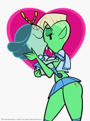 beeza_(wander_over_yonder) closed_eyes disney disney_channel disney_xd kissing lesbian_kiss lord_dominator miniskirt school_uniform schoolgirl_uniform simple_background the_cartoon_love thick_thighs wander_over_yonder yuri