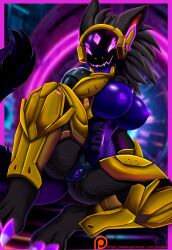 absurd_res anthro armor black_body black_fur breasts claws female fur furry_tail genitals gold_(metal) gold_armor hi_res inviting inviting_to_sex machine malva_(roifantome) nipples pridark purple_body purple_claws purple_eyes purple_nipples pussy robot roifantome solo tail teasing toe_claws virus visor