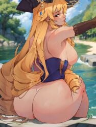 1girls 2023 ass blonde_hair blue_eyes blush breasts detailed_background evviart female female_only genshin_impact long_hair looking_at_viewer looking_back looking_back_at_viewer navia_(genshin_impact) rear_view sitting solo thick_ass