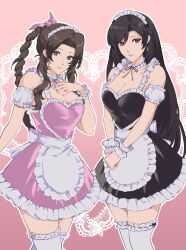 2girls aerith_gainsborough apron armlet black_hair braid braided_ponytail breasts brown_hair choker earrings enmaided final_fantasy final_fantasy_vii green_eyes hairbow kivavis large_breasts long_hair looking_at_viewer maid maid_apron maid_headdress maid_uniform ponytail red_eyes thighhighs tifa_lockhart wrist_cuffs