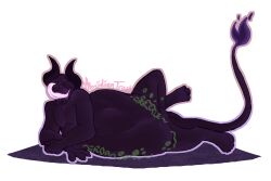 black_body black_horns black_tail bulging_belly digestion digestion_noises eyeless eyeless_male fire_tail gurgling gurgling_noise obsidian_trash preril_(assbeaterr34) purple_tongue solo vore