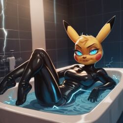 ai_generated anthro balls bathtub breasts elbow_gloves electricity foreskin futanari latex penis pikachu pokemon rubber_clothing shortstack solo thighhighs water