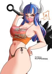 1girls angry ass big_breasts club color elpipe3000 female female_focus female_only hi_res horns large_breasts long_hair looking_at_viewer mask multicolored_hair one_piece panties pink_eyes shounen_jump solo solo_female tagme thick_thighs ulti_(one_piece) weapon