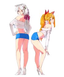 2girls bare_shoulders blue_eyes cat_ears happening18 heels high_heels microskirt original_character original_characters ribbons tied_hair tight_clothing white_hair