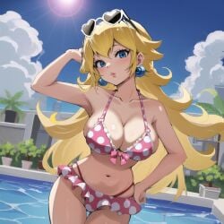 ai ai_generated bikini blue_eyes heart-shaped_eyewear mario_(series) polka_dot_bikini pool poolside princess_peach stable_diffusion sunglasses sunglasses_on_head