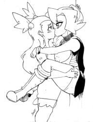 becku black_and_white breasts_out carrying_partner clair_(pokemon) dress gym_leader high_ponytail jasmine_(pokemon) kissing leotard lesbian_kiss lift_and_carry_position lifting_person long_hair pokemon pokemon_gsc pokemon_hgss ponytail yuri