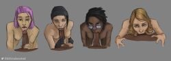 4girls black_hair blonde_hair blowjob blue_eyes breasts brown_eyes claudette_morel dark_skin dbd dead_by_daylight female glasses gloves green_eyes kate_denson light_skin looking_at_viewer male nea_karlsson nipples penis pink_hair pov sketch the_undevoted tongue yui_kimura