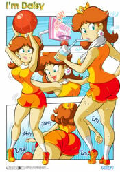 1girls ass back back_view backboob bare_shoulders basketball basketball_hoop blue_eyes blush breasts brown_hair clothing comic crown drinking earrings exercise eyebrows_visible_through_hair flower_earrings ginger_hair highres hot_pants hotpants i'm_daisy lips lipstick looking_back looking_down mario_(series) mario_hoops_3_on_3 motion_lines multiple_positions multiple_views nintendo nipples_visible_through_clothing onomatopoeia outdoors panties_visible_through_clothing princess_daisy royalty sakurakasugano shoes shorts shoulder_length_hair socks solo sportswear sweat tank_top text thick thick_thighs thighs tiptoes tongue towel wide_hips