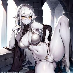 ai_generated amber_eyes big_breasts bikini breasts cameltoe dark_elf drow elf elf_ears elf_female female female_focus female_only gold_eyes grey_skin high_heels huge_breasts large_breasts lifting_leg long_ears partial_nudity partially_clothed platinum_blonde_hair pointy_ears pussy raised_leg silver_bikini solo solo_female solo_focus spread_legs underboob vagina wet white_hair yellow_eyes