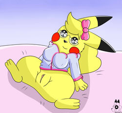 absurd_res bow breasts busty_feral cleft_tail clothed clothing eyewear female feral fur glasses hi_res looking_at_viewer nintendo pikachu plump_labia pokémon_(species) pokemon presenting presenting_pussy pussy rouarts simple_background smile solo spread_legs spreading thick_thighs video_games wide_hips yellow_fur