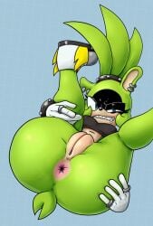 1girls anthro anus big_ass blue_background blush earrings female female_only green_fur jigglytoons long_hair looking_at_viewer pussy sega solo solo_female sonic_(series) sonic_the_hedgehog_(series) spread_legs surge_the_tenrec thick_ass thick_thighs tied_hair topless topless_female vagina