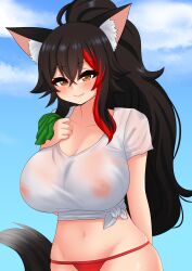 bikini_bottom blush breasts_visible_through_clothing female hololive hololive_gamers hololive_japan large_breasts multicolored_hair nipples_visible_through_clothing ookami_mio ponytail solo the_only_shoe virtual_youtuber vtuber wet_shirt wolf_ears wolf_girl wolf_tail