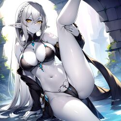 ai_generated amber_eyes big_breasts bikini breasts cameltoe dark_elf drow elf elf_ears elf_female female female_focus female_only gold_eyes grey_skin huge_breasts large_breasts lifting_leg long_ears partial_nudity partially_clothed platinum_blonde_hair pointy_ears pussy raised_leg solo solo_female solo_focus spread_legs underboob vagina wet white_hair yellow_eyes