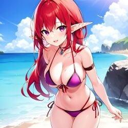 ai_generated beach big_breasts bikini bikini_bottom bikini_top breast_squish breasts busty busty_female closed_legs clothed clothing covered_breasts covered_pussy cute elf female female_focus female_only large_breasts long_ears long_hair lounging ocean partial_nudity partially_clothed pointy_ears purple_bikini purple_eyes purple_swimsuit red_hair resting sitting solo solo_female solo_focus swimwear tropical water