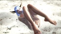 3d beach beach_background blue_hair feet feet_up female female_only golden_sun golden_sun_dark_dawn green_eyes laying laying_on_back laying_on_ground legs long_ears naked naked_female nude nude_female one_eye_closed riaykuras_playground self_upload solo sveta sveta_(golden_sun) white_nail_polish white_nails