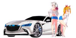 2girls car cat_ears hair_ornament happening18 heels landscape multiple_girls original_character ribbons tied_hair tight_clothing white_hair