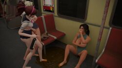 3d big_breasts bodysuit brown_eyes brown_hair crop_top d.va glasses grabbing_own_breast hands_on_mouth innie_pussy lara_croft lara_croft_(survivor) mercy overwatch overwatch_2 peeing peeing_on_floor piss_puddle public_urination pussy scared short_skirt shorts skirt smutnysize subway tattoo tomb_raider tomb_raider_(survivor) touching_pussy urination urine_pool wine_bottle