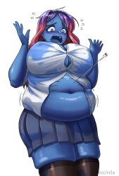 1girls belly_expansion big_breasts blueberry_inflation breast_expansion breasts button_gap button_pop hair_turning_blue huge_breasts navel thiccircle thick_thighs wide_hips