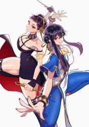 2girls absurdres bare_shoulders black_hair breasts chinese_clothes chun-li chun-li_(cosplay) cleavage cosplay costume_switch crossover dagger double_bun dress earrings female female_only fighting_stance gloves hair_bun hair_ornament hairband highres human jewelry knife large_breasts long_hair multiple_girls red_eyes sidelocks smile spy_x_family stiletto_(weapon) street_fighter street_fighter_6 sumustard thorn_princess weapon yor_briar yor_briar_(cosplay)