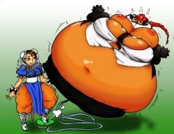 2girls cheeks_inflation chun-li crimson_viper eyes_bulging female foot_pump guro inflation multiple_girls street_fighter street_fighter_iv thick_thighs uber_inflation yer-keij-fer-cash