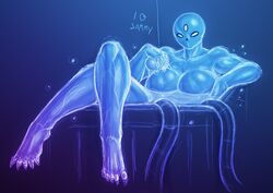 1girls 3_eyes alien armpits bathing bathtub big_breasts blue_background blue_body blue_skin breasts claws dark_samus feet female female_only foot_focus heart huge_breasts humanoid looking_at_viewer mark_patten metroid metroid_(creature) mouthless multi_eye muscular muscular_female nintendo nude partially_submerged see-through sketch slime solo text toes translucent translucent_body watermark wet white_eyes