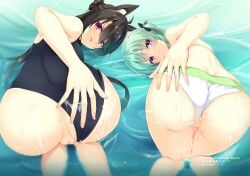 1girls 2girls :p absurdres ahoge animal_ear_fluff animal_ears aria_(koiiroharemoyou) ass ass_focus back bare_arms bikini bikini_bottom_aside black_bow black_hair black_one-piece_swimsuit blurry blush booty bow butt casual_one-piece_swimsuit cat_ears censored closed_mouth clothing_aside colored_eyelashes commentary_request cum cum_on_ass cum_on_body cum_on_legs cute dat_ass depth_of_field eyelashes eyes_visible_through_hair face_down_ass_up feet_out_of_frame female fingernails foreshortening from_behind frown green_hair hair_between_eyes hair_bun hair_spread_out hairbow half_updo hand_on_own_ass highres hoshikawa_kaguya long_hair looking_at_viewer looking_back medium_hair mosaic_censoring multiple_girls one-piece_swimsuit one_side_up petite petplay presenting_ass purple_eyes red_eyes roleplay single_hair_bun skinny slim smile sparkle swimsuit swimsuit_aside takadate_orie teenager tenshi_souzou_re-boot! thighs tongue tongue_out top-down_bottom-up translation_request tsurime water white_bikini wolf_ears young