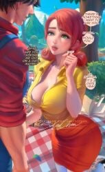 1boy 1girls big_breasts blush breasts cleavage closeup ear_piercing green_eyes hair_twirling penny_(stardew_valley) sakimichan skirt stardew_valley